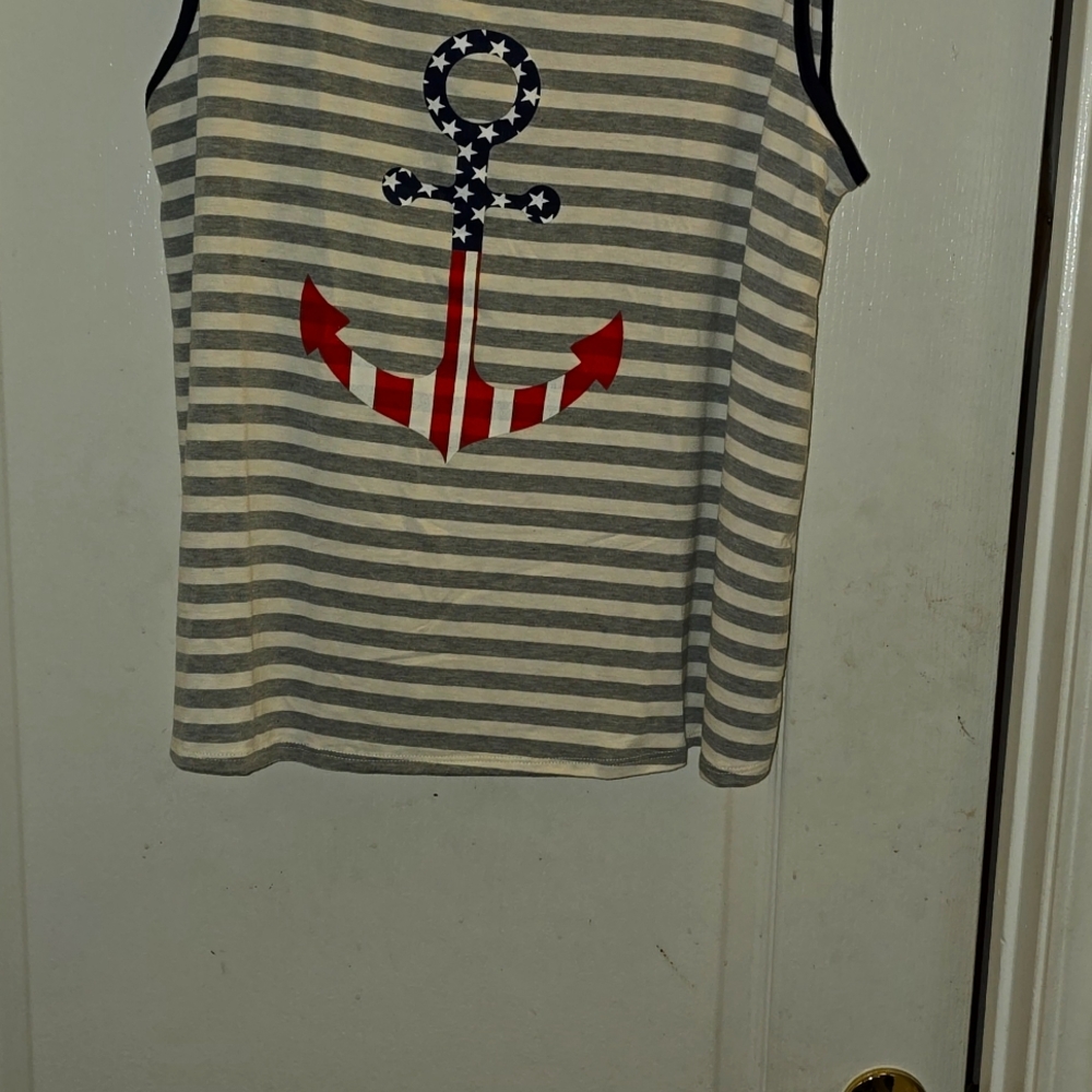 A nautical patriotic red white and blue tank top, stars and Grey stripes